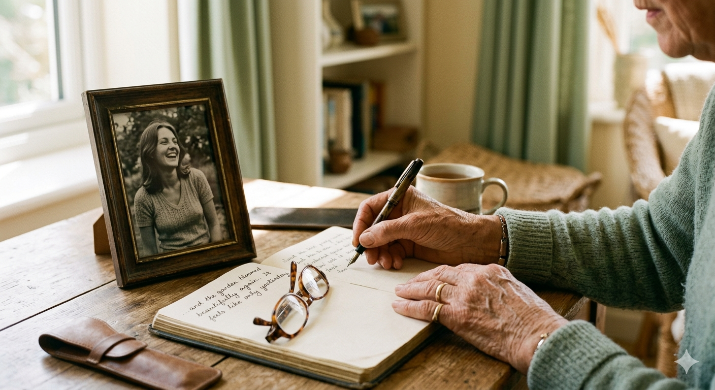 An elderly resident's life story being handwritten in a journal at home, beside a framed family photograph